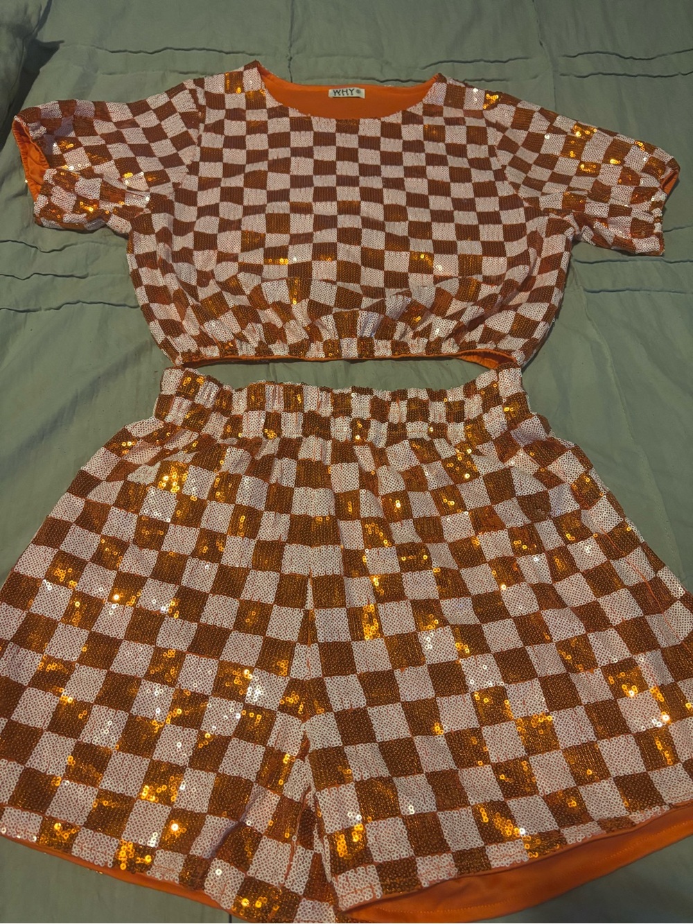 NWOT Orange Sequin Checkered Crop Top & Shorts Set S Perfect for Game Days